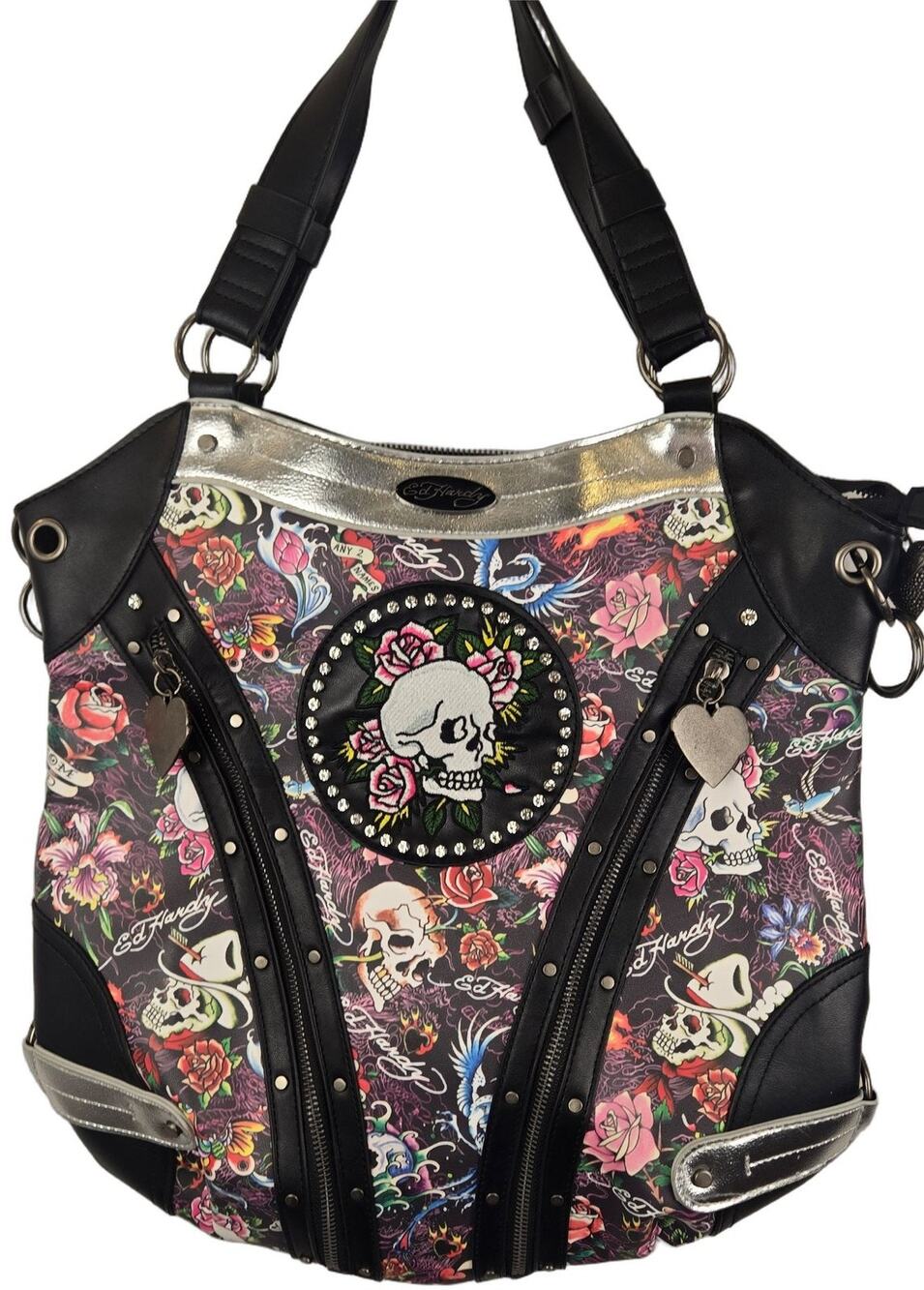 Ed Hardy Tattoo Tote Shoulder Bag Black Goth Skull Rose NEW MOTO PUNK WHIMSIGOTH
